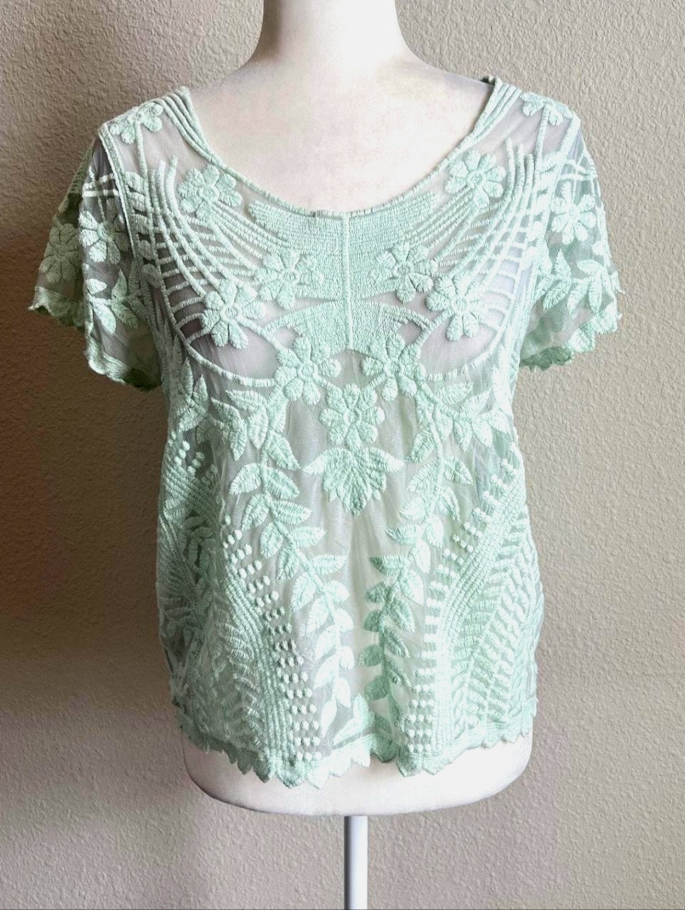 Express Mint Green Sheer Lace Top- Floral Embroidery-Size Lg-NWOT